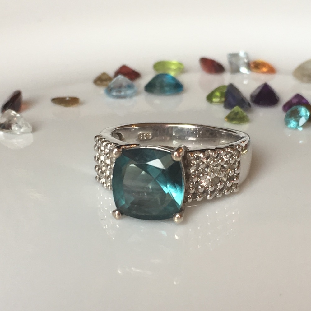 Genuine Teal Fluorite & White Topaz Plat/ Sterling